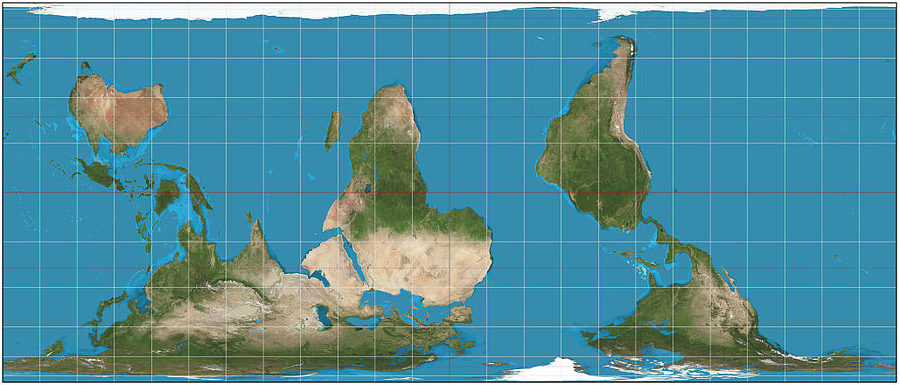 An image of the world in Behrmann projection, with south at the top